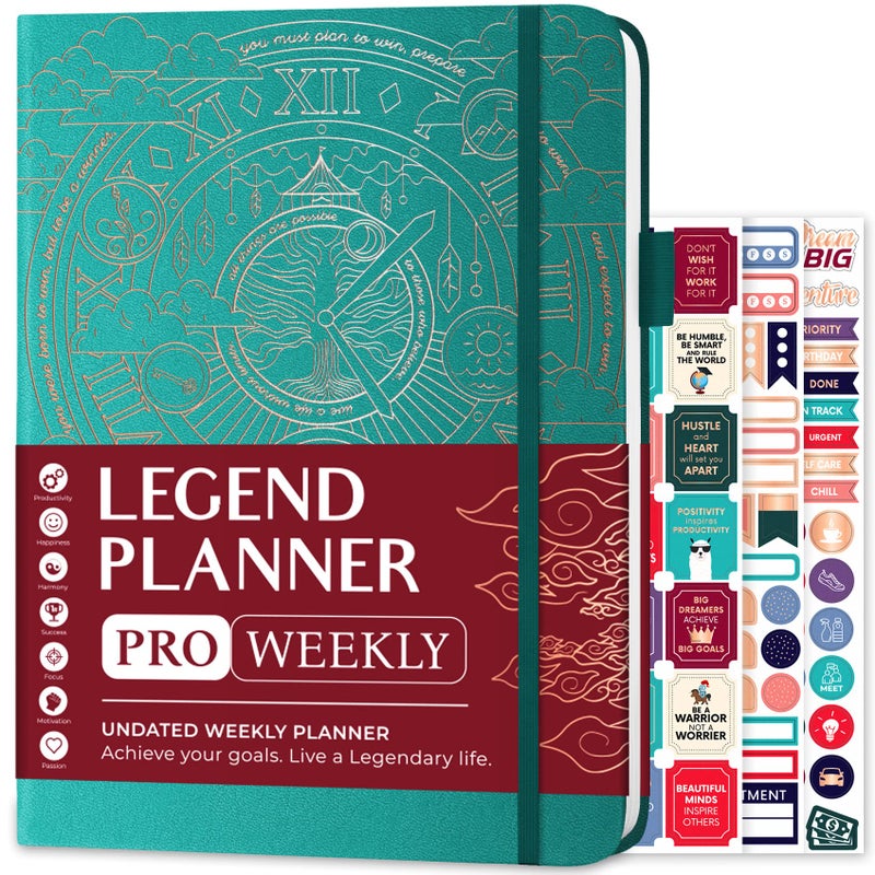 Legend Planner PRO â€“ Deluxe Weekly & Monthly Life Planner to Increase Productivity and Hit Your Goals. Time Management Organizer Notebook â€“ Undated â€“ 7 x 10" Hardcover + Stickers â€“ Viridian Green - Image 1